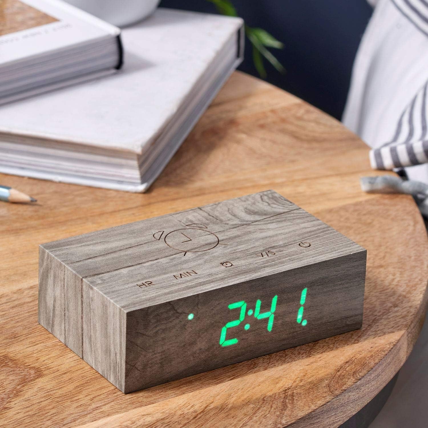 Wood Digital Alarm Clock LED Display Touch Control Minimalist Ash