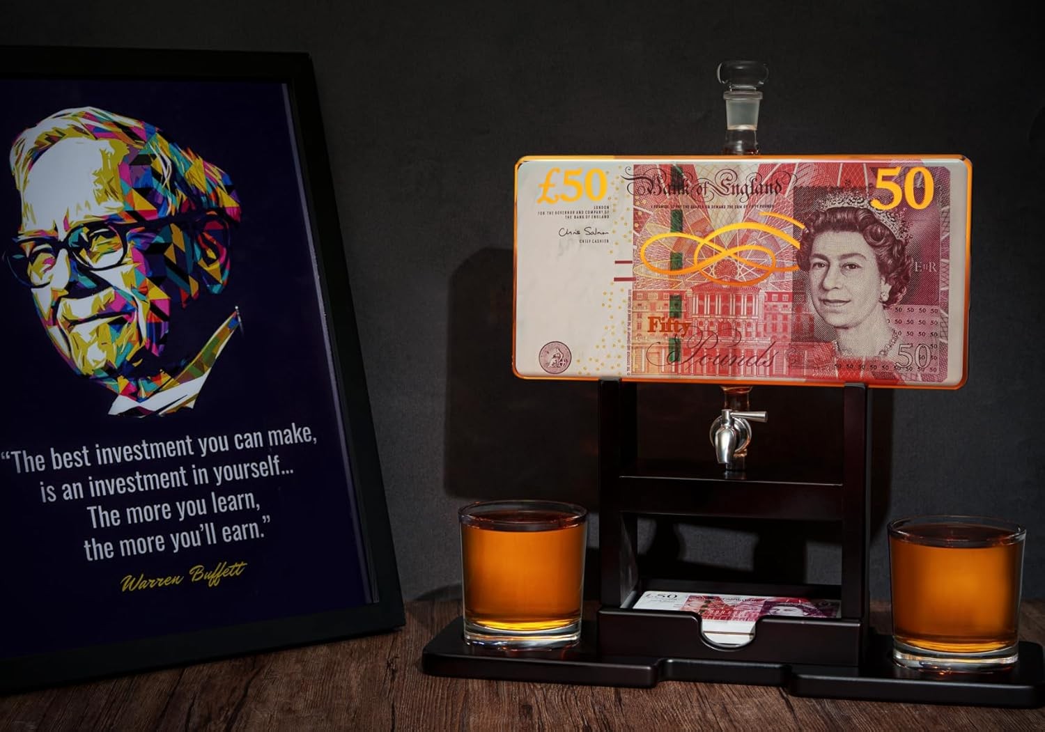 50 Pound Note Whiskey Decanter Set with Glasses Novelty Liquor Dispenser Gift
