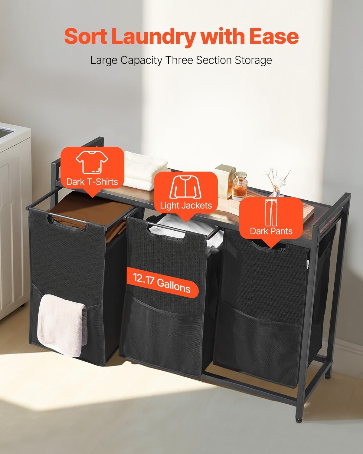 3 Section Laundry Sorter With Tabletop Metal Frame 600D Oxford Bags Black