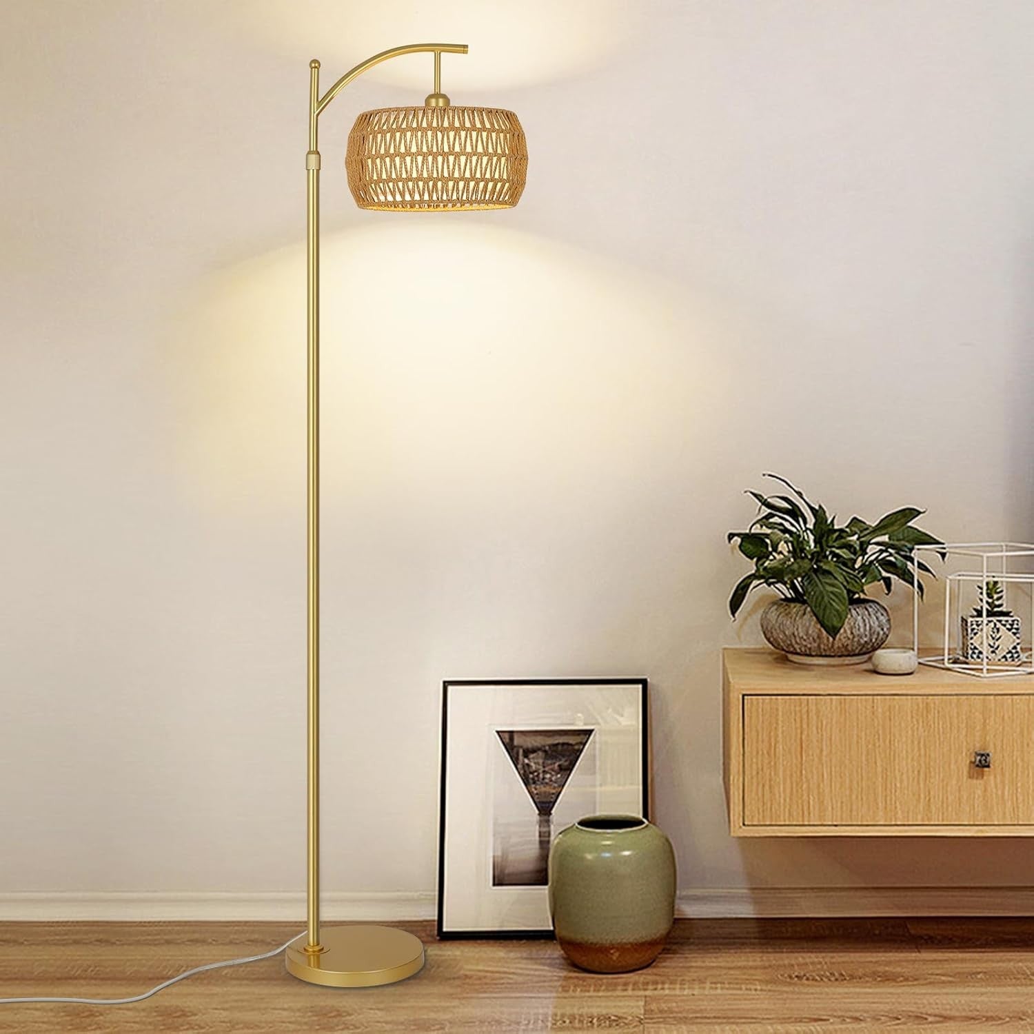 Rattan Floor Lamp Remote Control Dimmable LED Boho Gold Standing Light