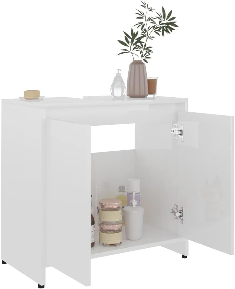 White Gloss Bathroom Sink Cabinet – 2 Door Under Sink Storage Unit 60x61cm