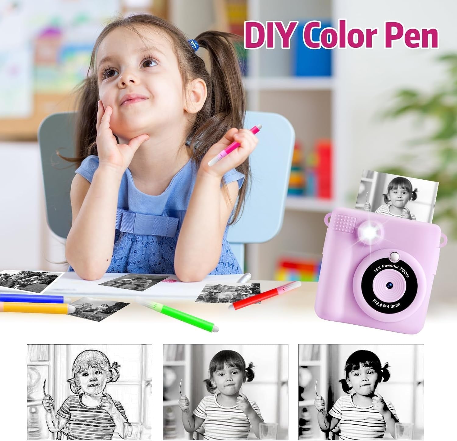 Kids Instant Print Camera Purple 1080P HD Toy with 32GB Card Gift for Girls Boys