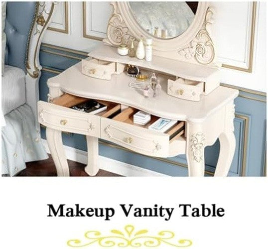 White LED Vanity Dressing Table Set w/3-Light Mirror, Stool, 4 Drawers ABS Plast