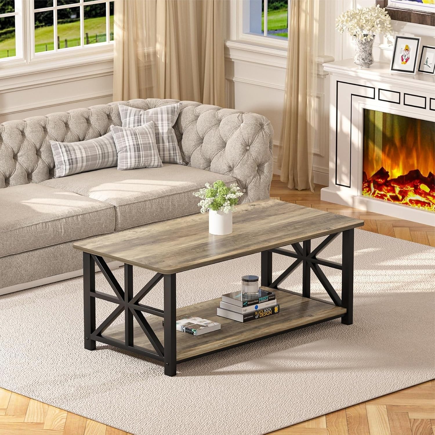 2-Tier Grey Coffee Table with X-Frame, Rounded Corners, 100cm Storage
