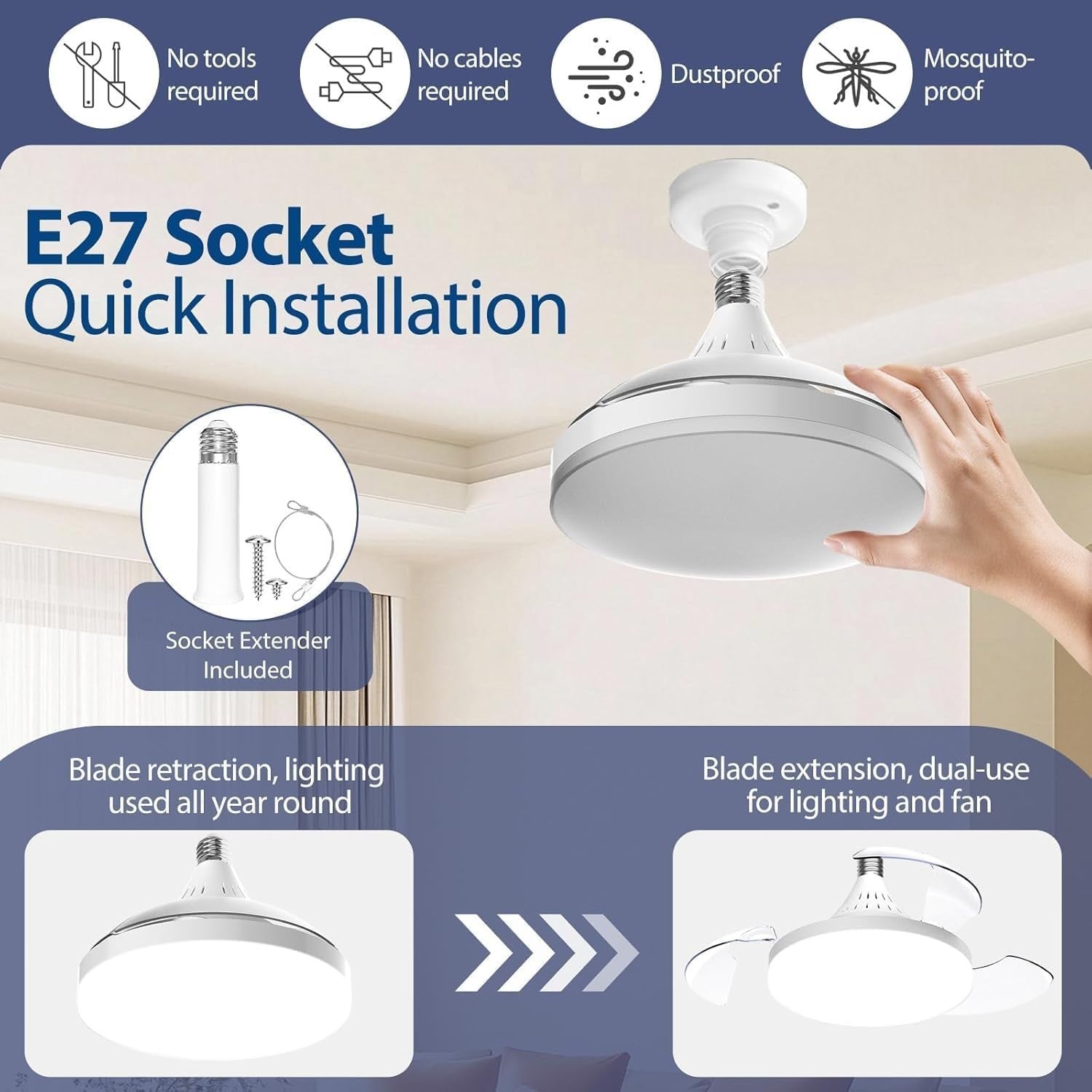 Ceiling Fan Light, 40W Retractable Smart Fan, 4 Speeds, 3 Colors, Remote, LED
