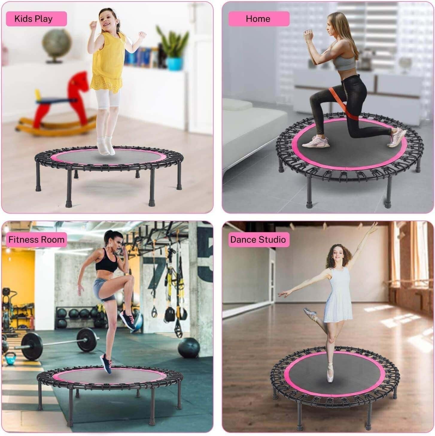 Pink 40in Indoor Workout Rebounder Trampoline Bungee Bar 330LB