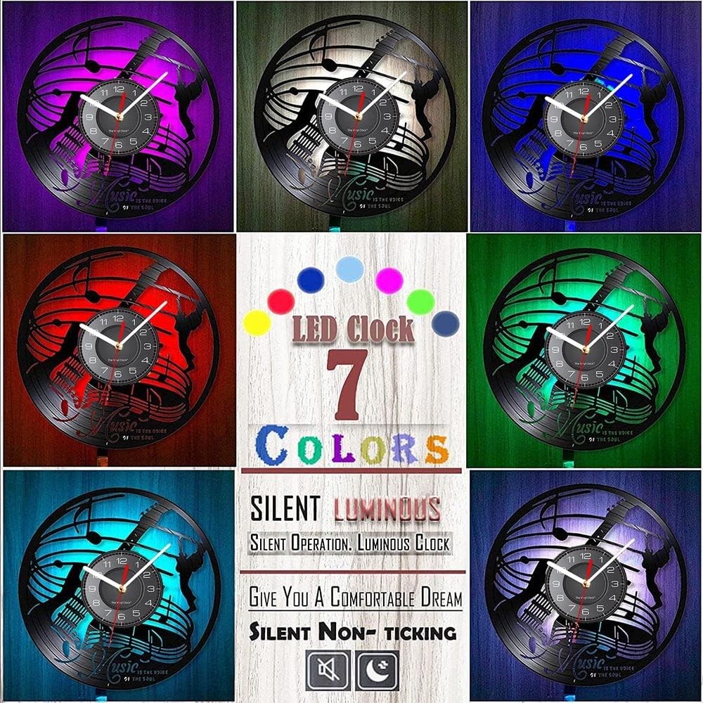 Blue LED Guitar Vinyl Wall Clock Music Decor Silent 30cm Night Light Gift