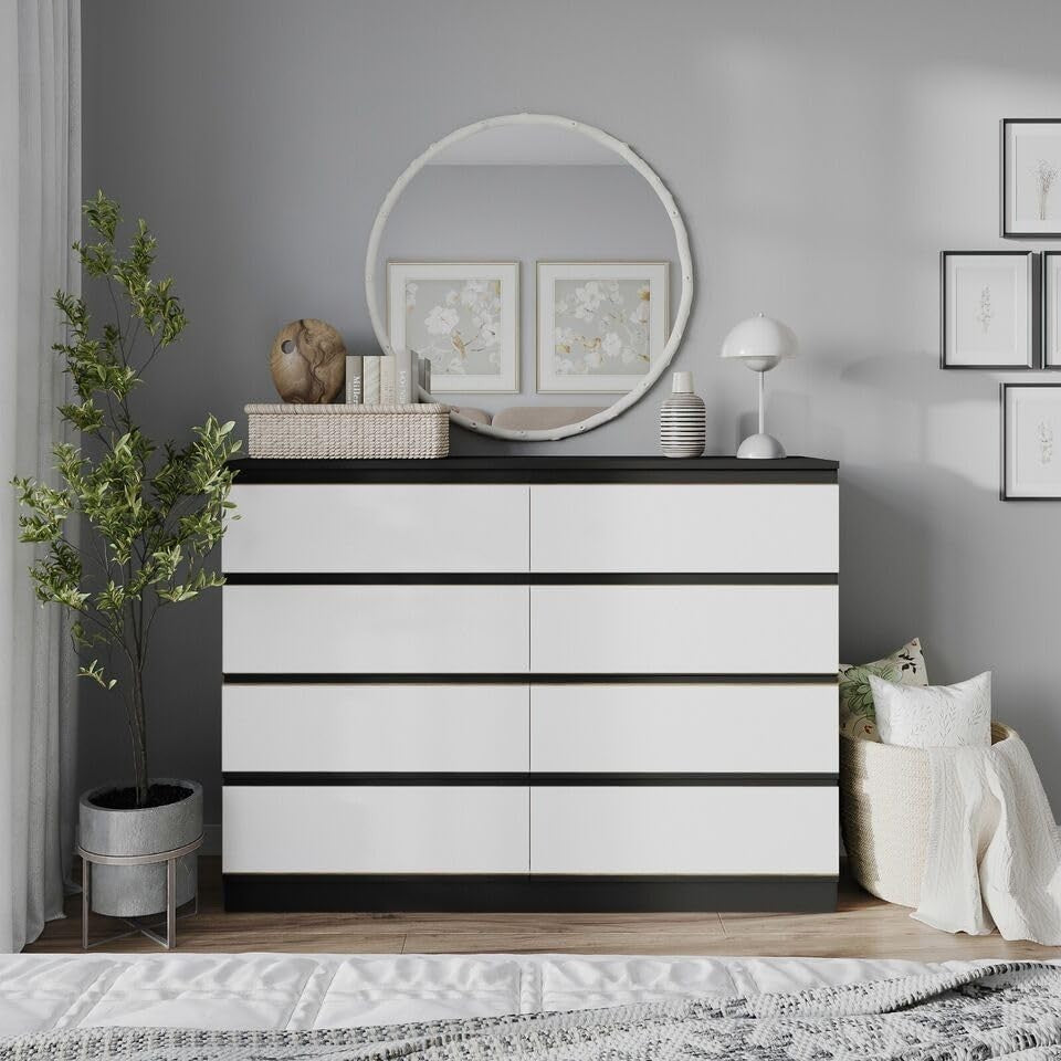 Black Chest of 8 Drawers White Front Modern Storage Unit for Bedroom Office