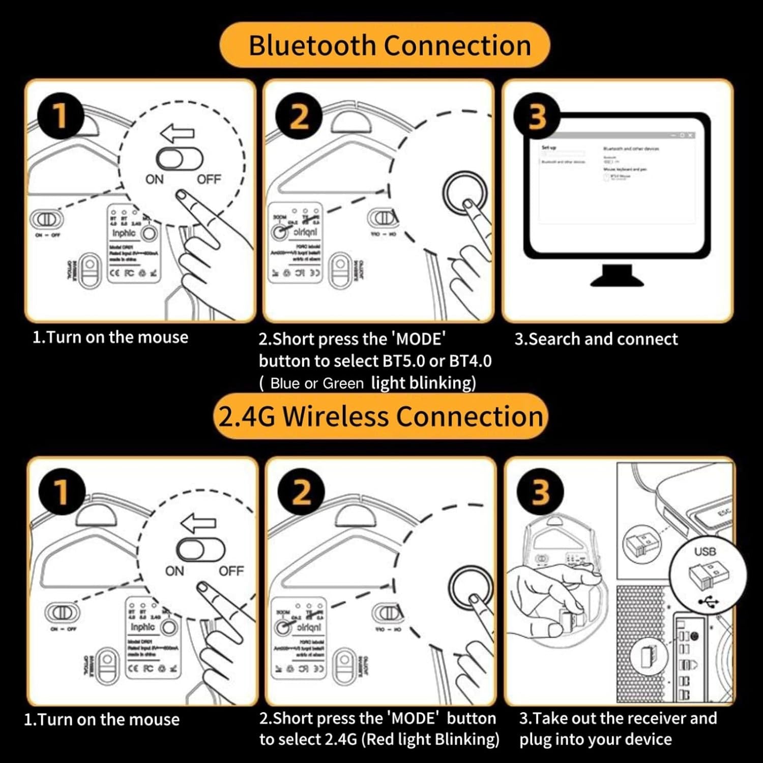 Tri-Mode Bluetooth Wireless Mouse Rechargeable Silent Ergonomic Multi-Device PC