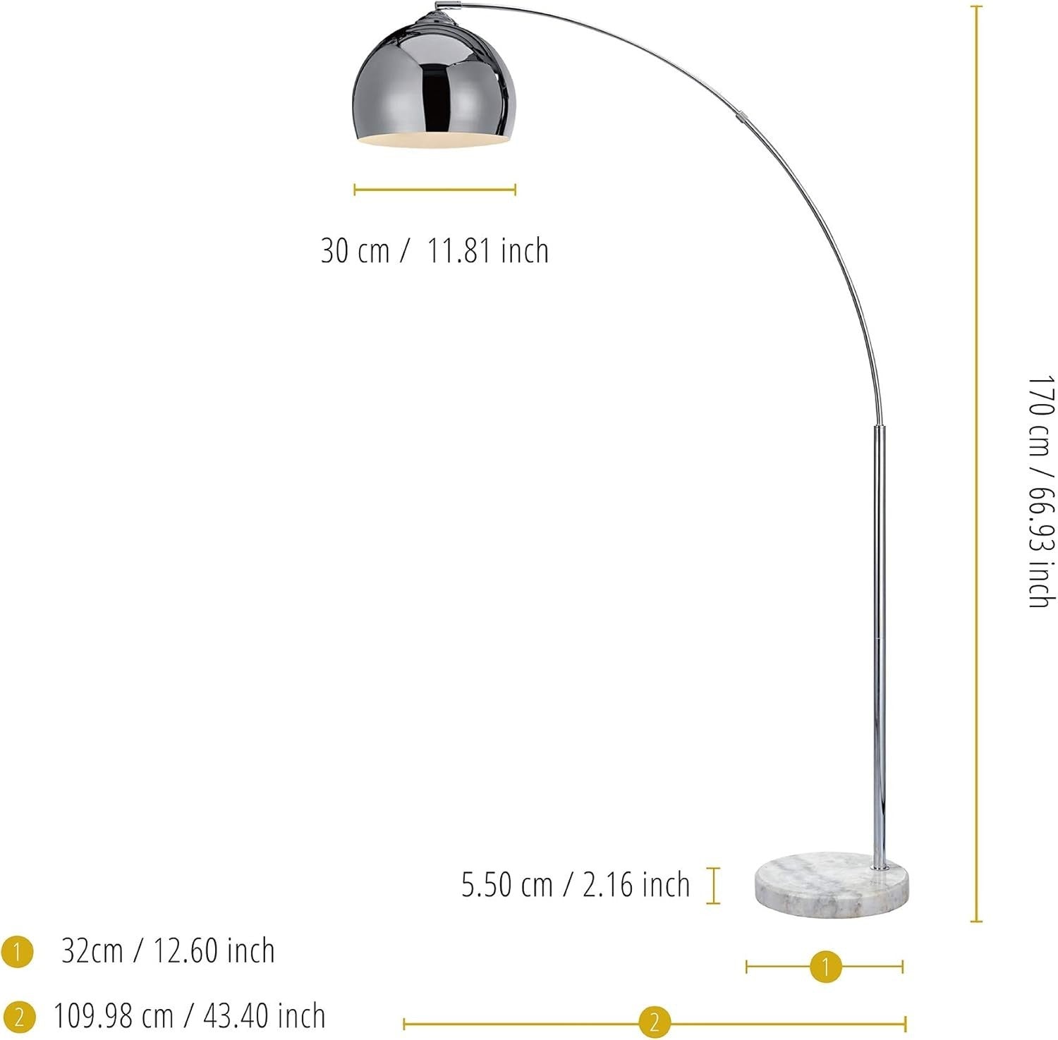 Modern Chrome Arc Floor Lamp with White Marble Base & LED Lighting