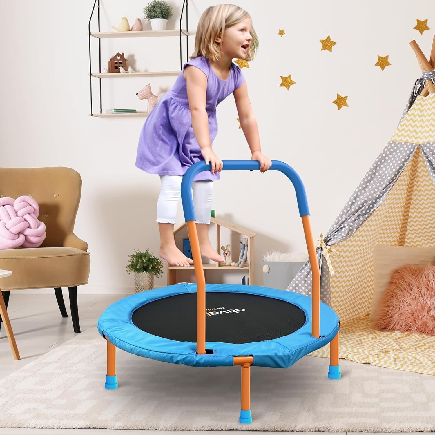 36” Toddler Mini Trampoline w Foam Handle Quiet Indoor Outdoor Play