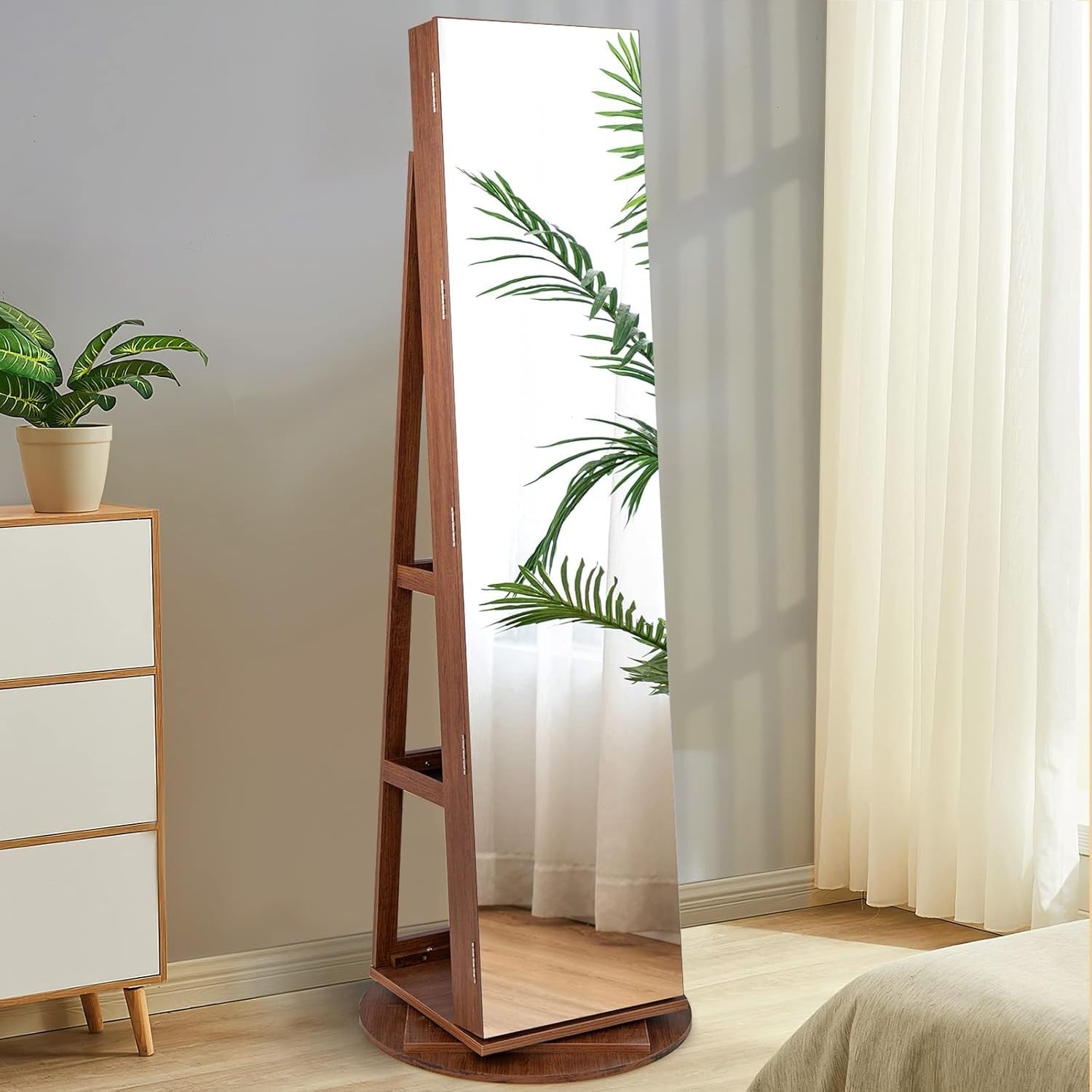 Brown 360° Swivel Jewelry Armoire LED Light Mirror Lockable Cabinet
