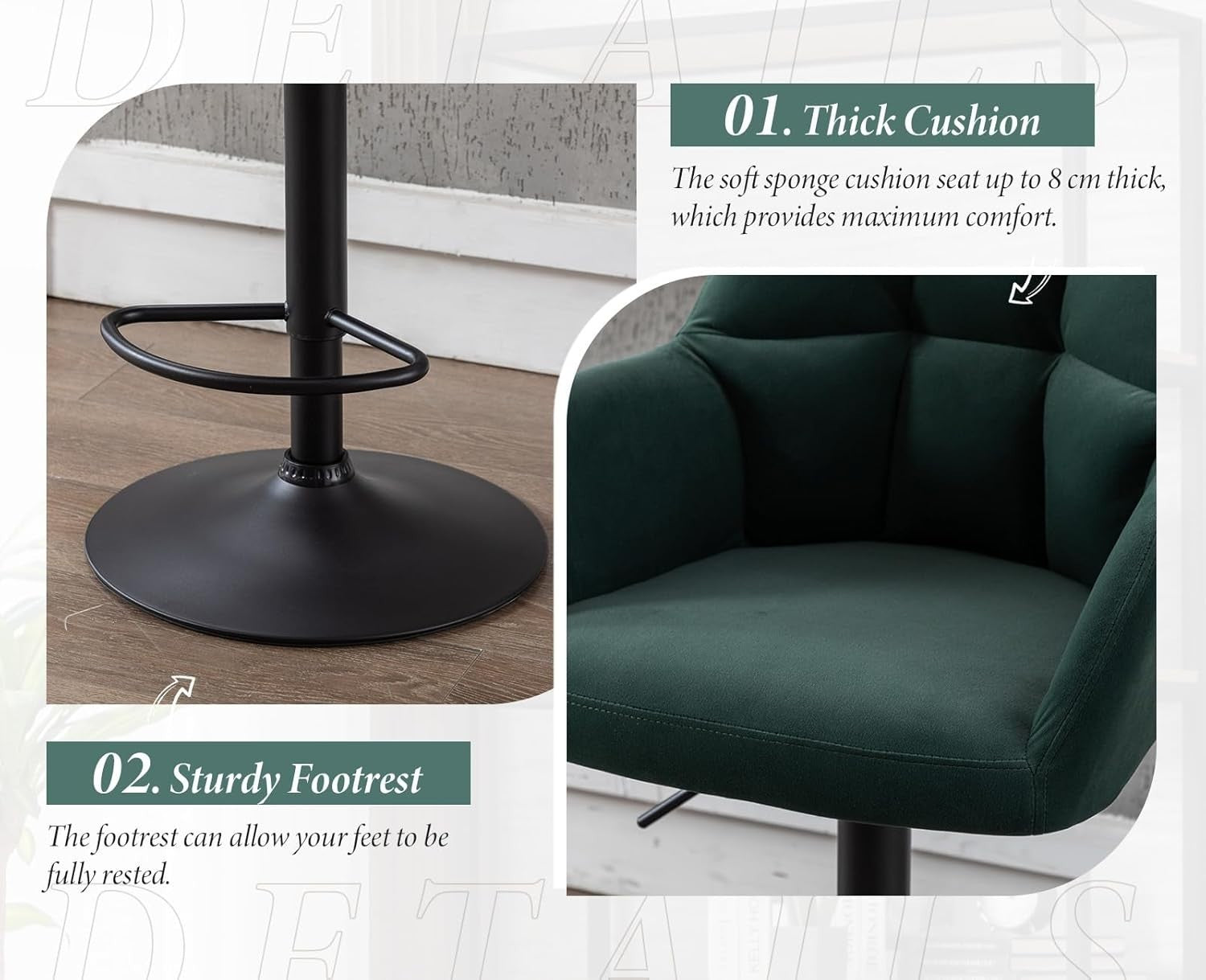 Adjustable Green Velvet Bar Stools Set of 2 Swivel Kitchen Counter