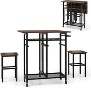 Extendable 3-Piece Dining Table Set with Stools & Wine Rack Walnut Black