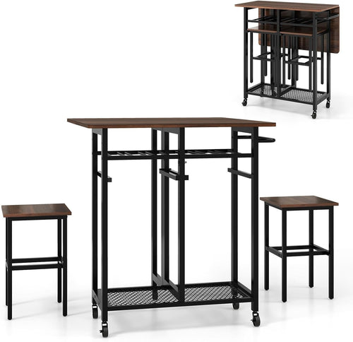 Extendable 3-Piece Dining Table Set with Stools & Wine Rack Walnut Black