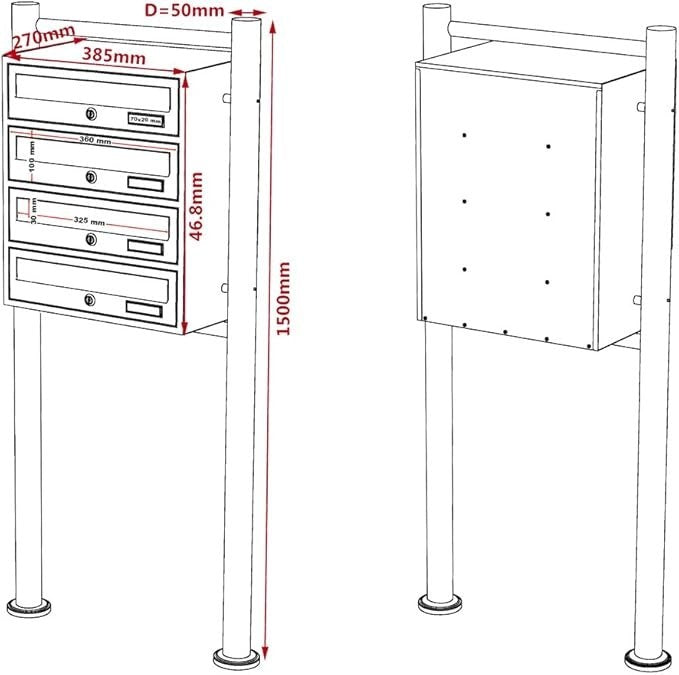 4 Door Black Letterbox System Outdoor Postbox Pillar Secure Mail Storage
