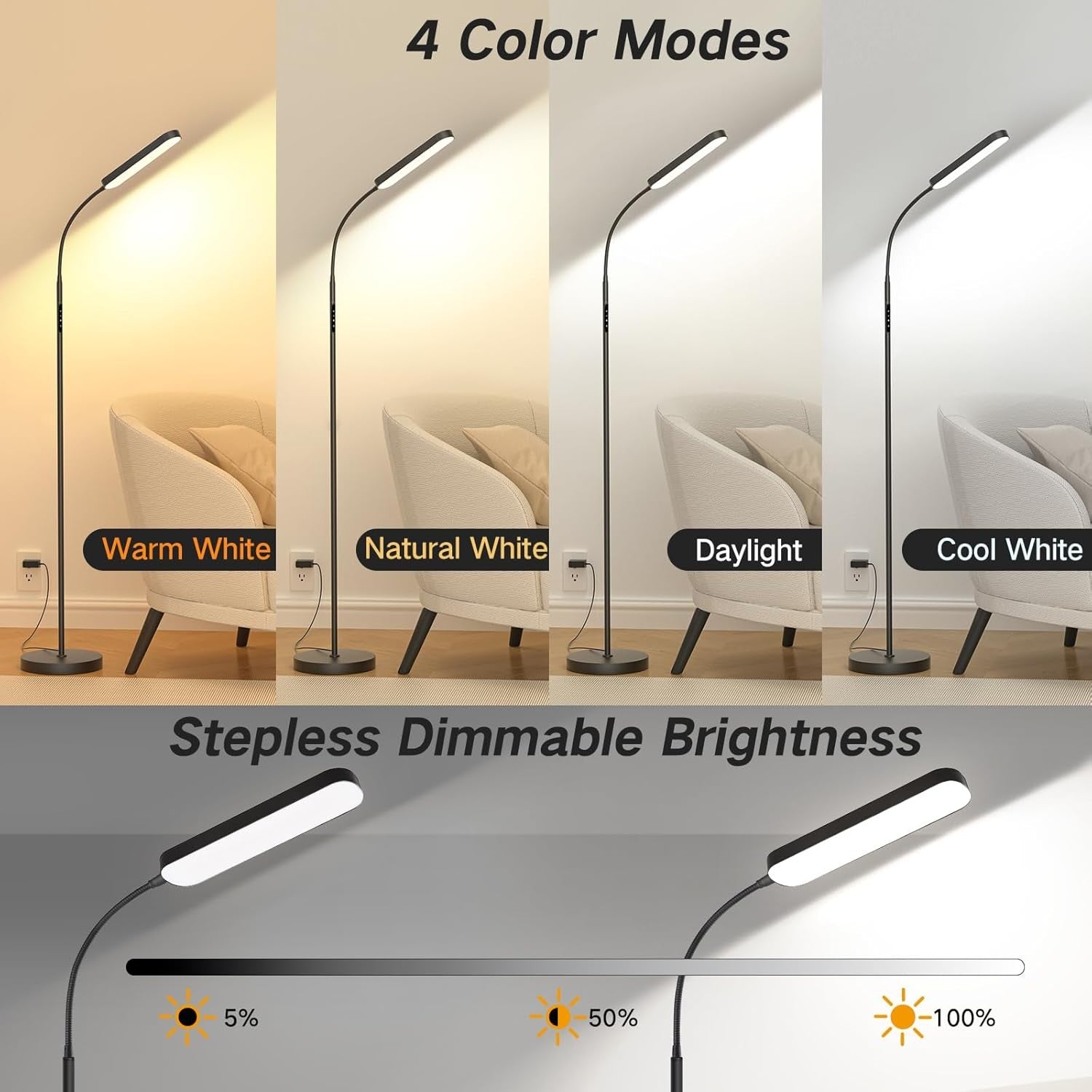 LED Floor Lamp Dimmable Gooseneck Reading Light Remote Touch