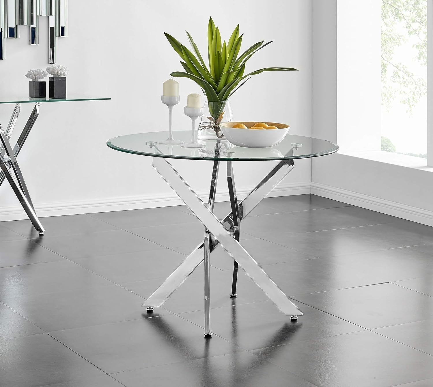 Modern 100cm Round Glass Dining Table with Chrome Cross Legs – Compact