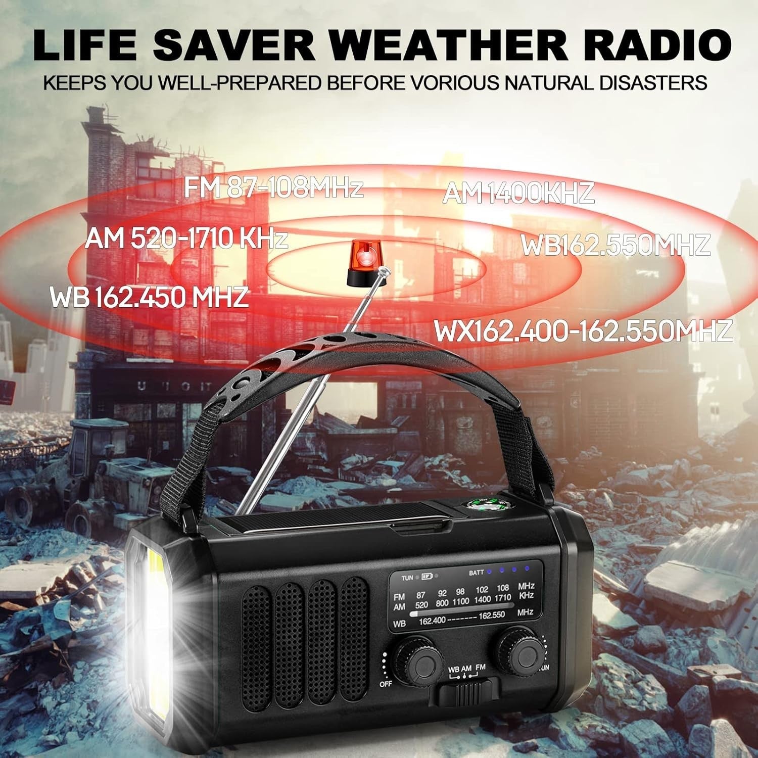 10000mAh Emergency Weather Radio Solar Crank Power Bank Flashlight