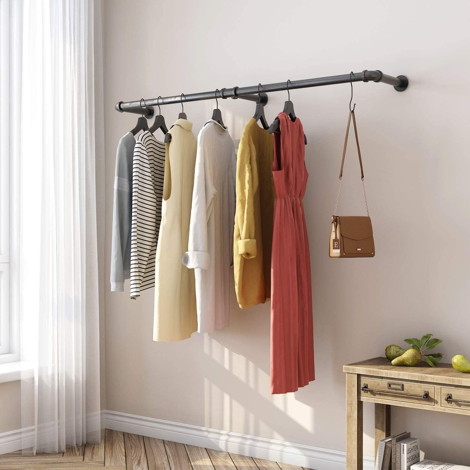 Wall Mounted Industrial Pipe Clothes Rail Heavy Duty Black 180cm
