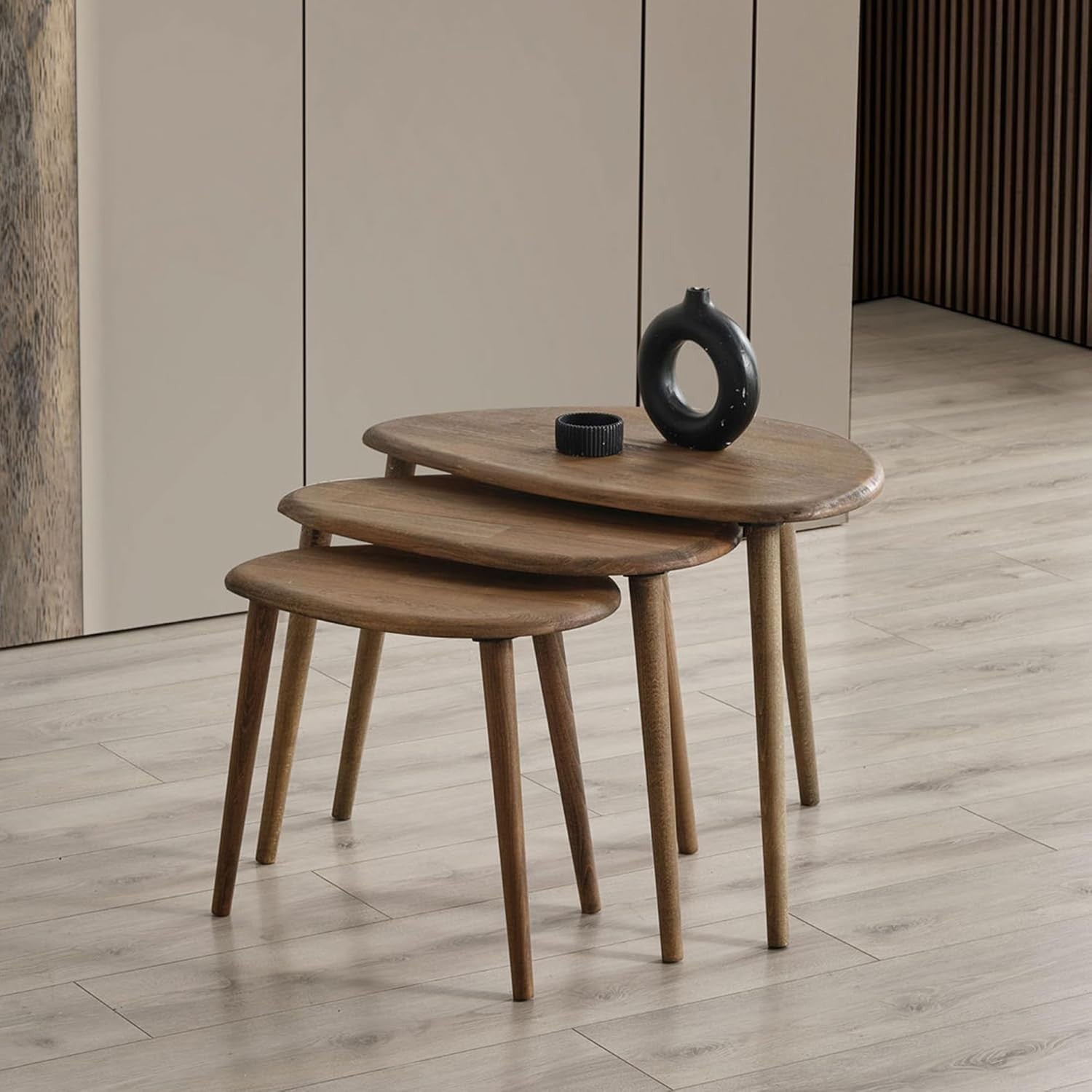 3 Pcs Nesting Coffee Table Set Mid-Century Modern Wood Walnut Oval Side End