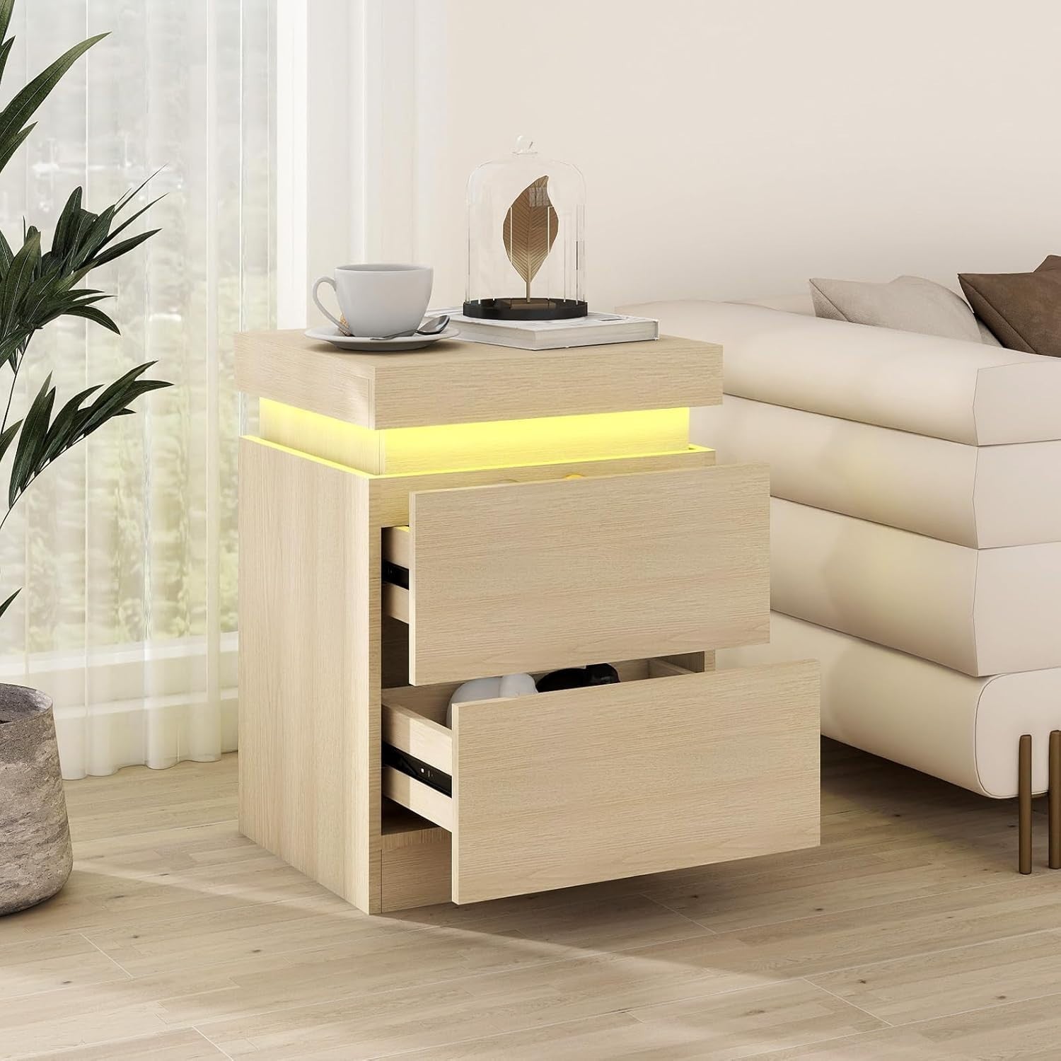Set of 2 Oak LED Bedside Tables with USB Charging | Modern 2 Drawer Nightstand