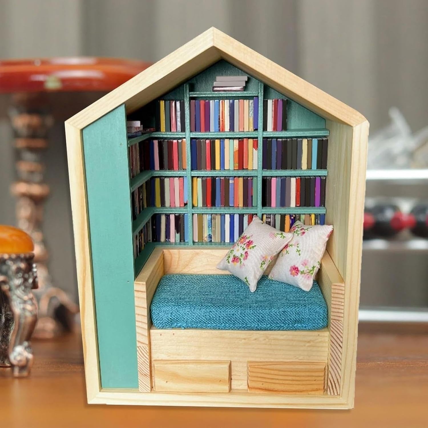 Mini Bookshelf Fidget Toy Wooden Tiny Library Stress Desk Decor