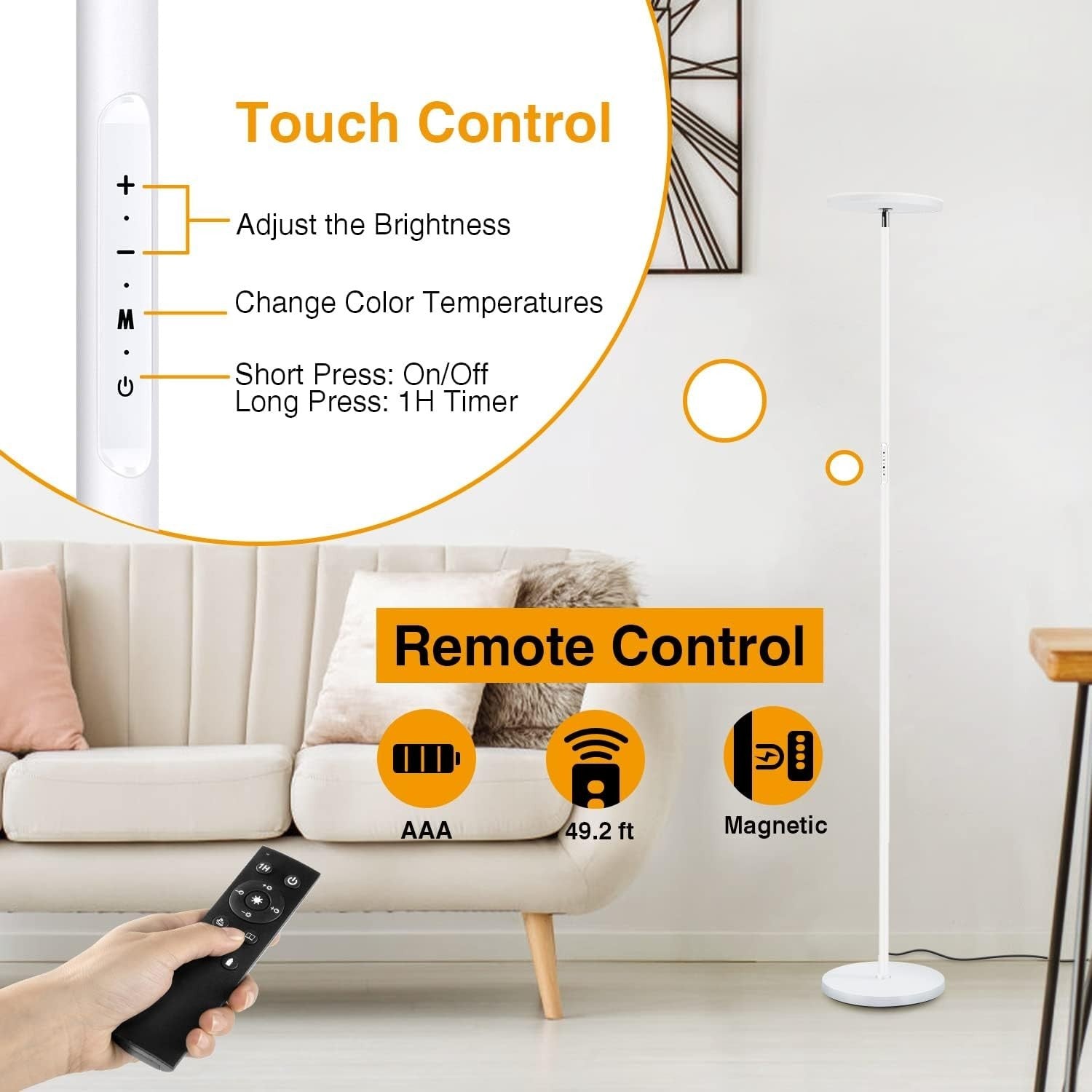 Dimmable LED Floor Lamp 3000LM with Remote & 1-Hour Timer, Touch Control