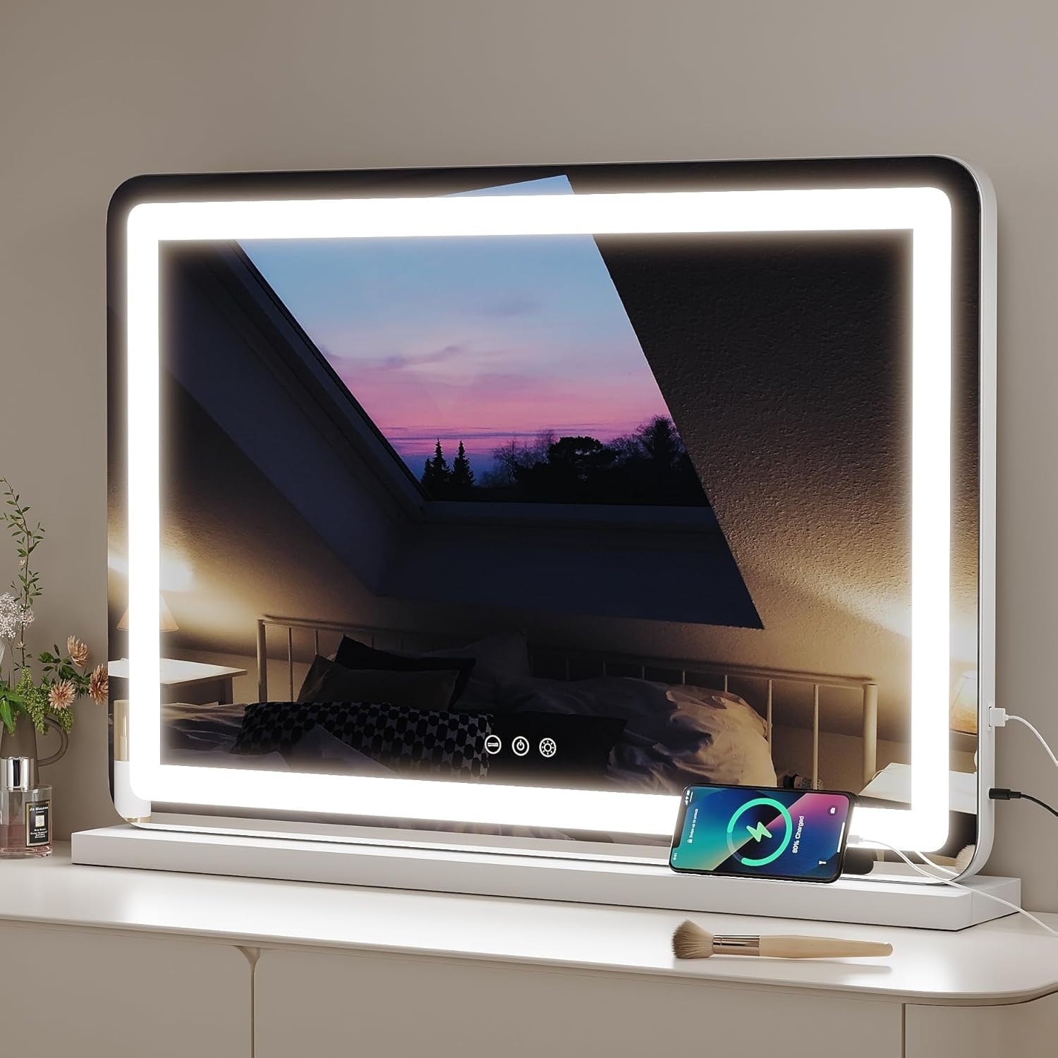 LED Vanity Mirror 80x55cm | Wall/Tabletop, 3-Color Light, 5X Magnifier, Touch