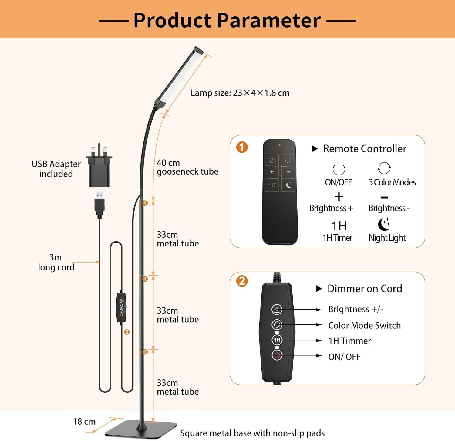 LED Floor Lamp Remote Control Dimmable 3 Colour Flexible Arm Reading Light