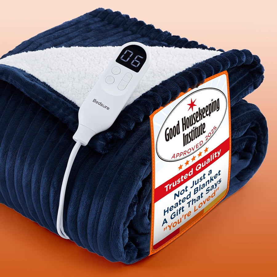Striped Blue Electric Heated Throw Blanket 6 Heat Levels Timer Warm 130x160cm