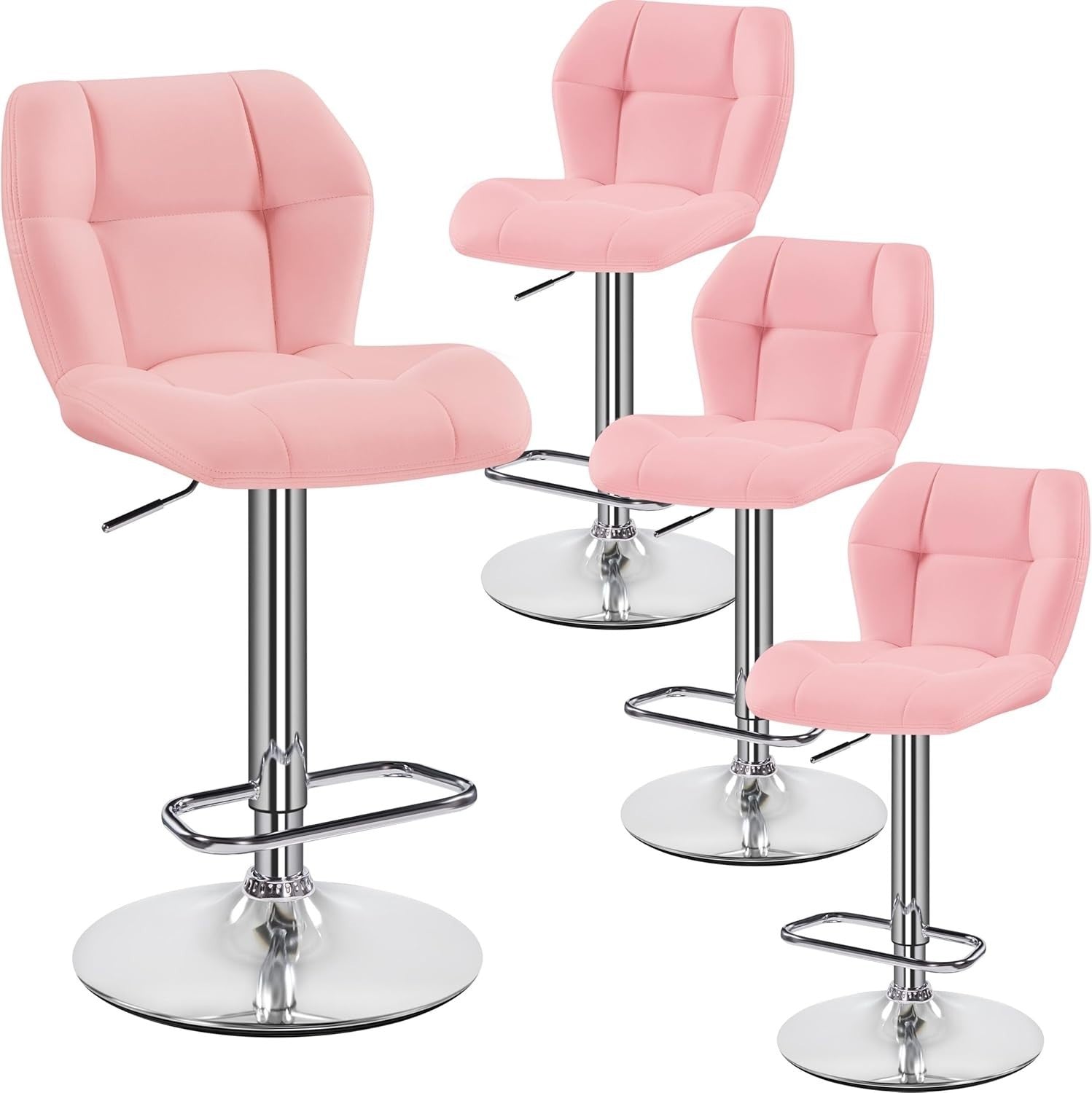Adjustable Pink PU Leather Bar Stools Set of 4 – Swivel Counter Chairs