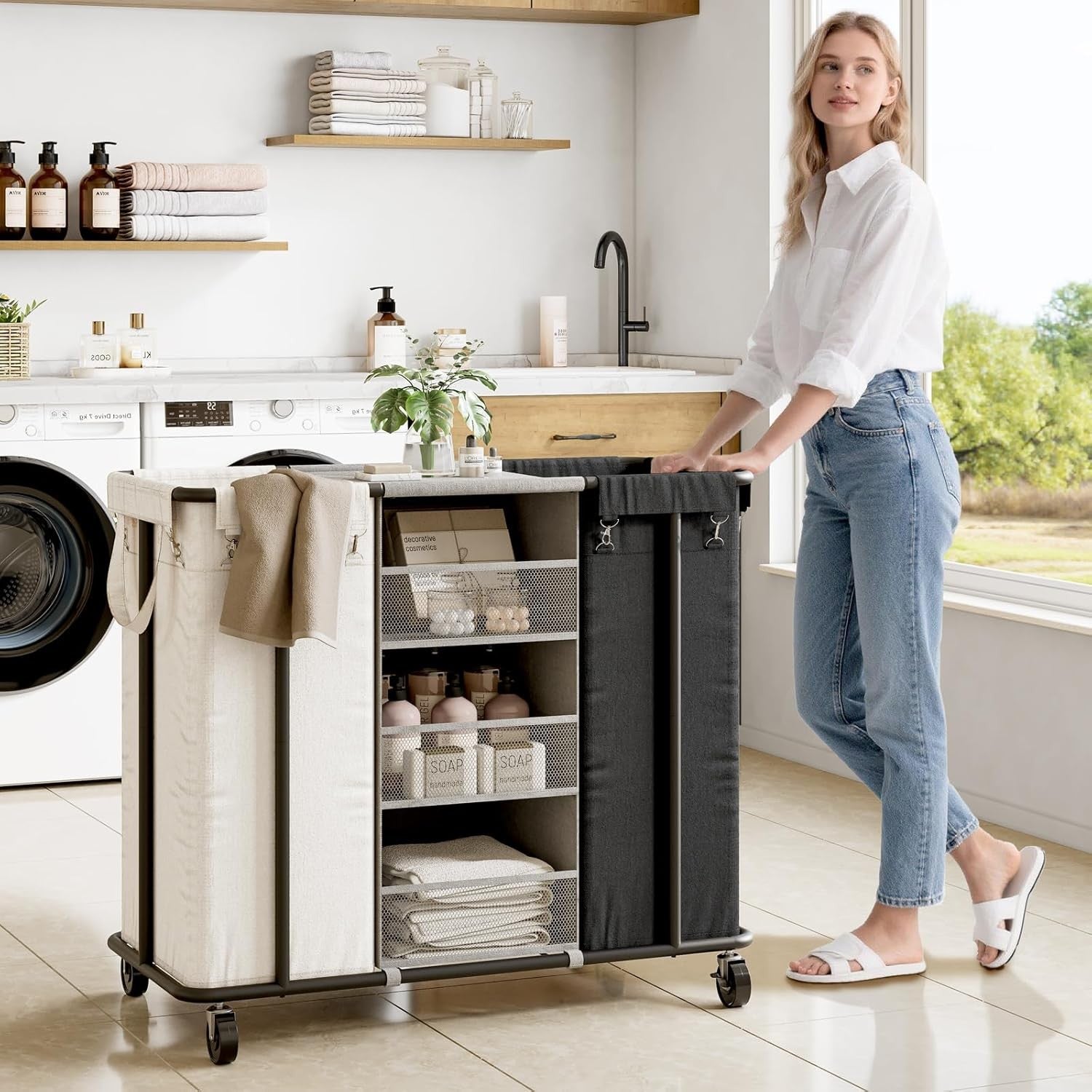 200L Rolling Laundry Sorter 2 Section with Wheels Hanging Bags & Shelves Beige