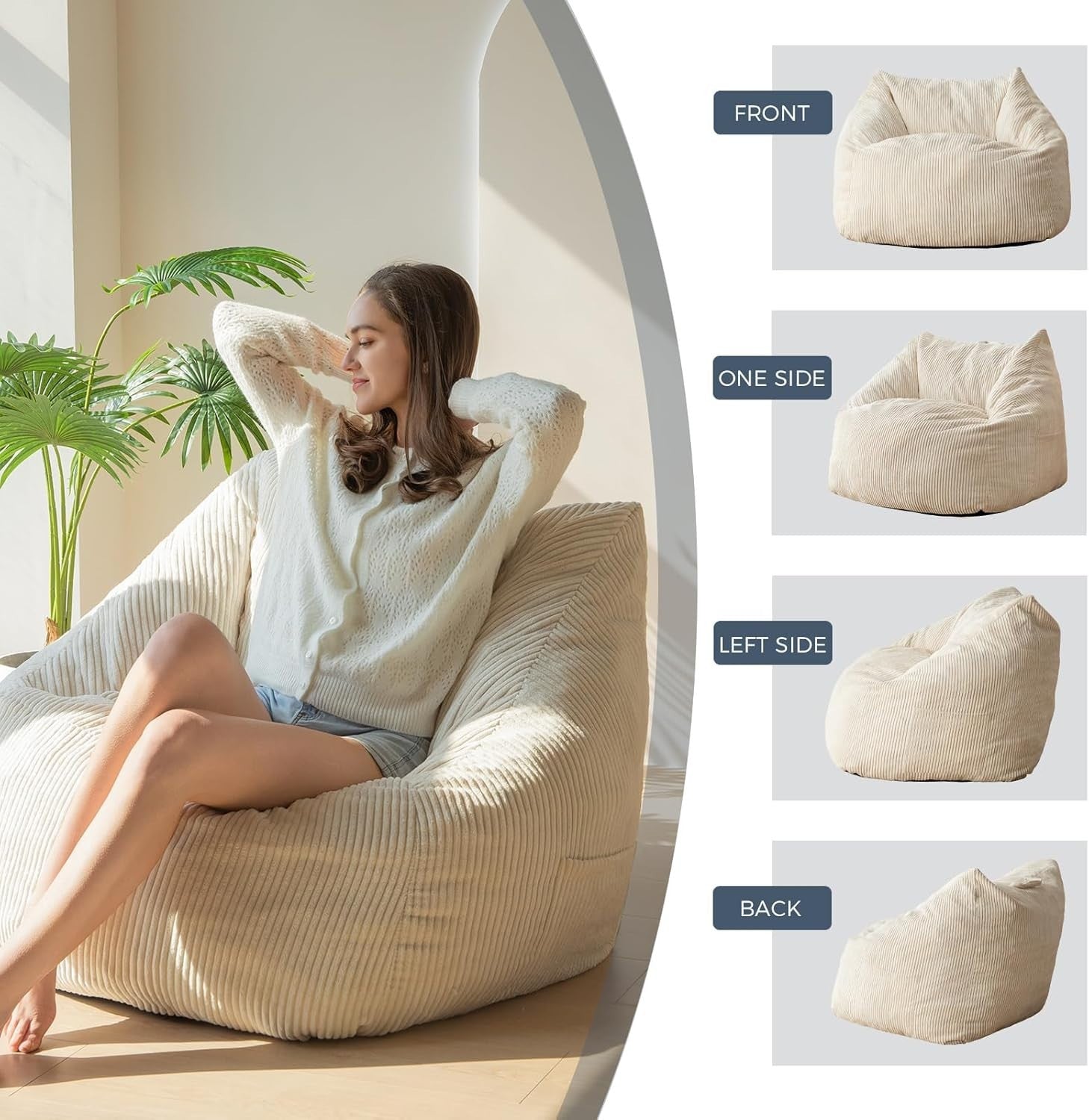 Giant Corduroy Bean Bag Chair with Foam Filling Soft Oversized Lounge Seat