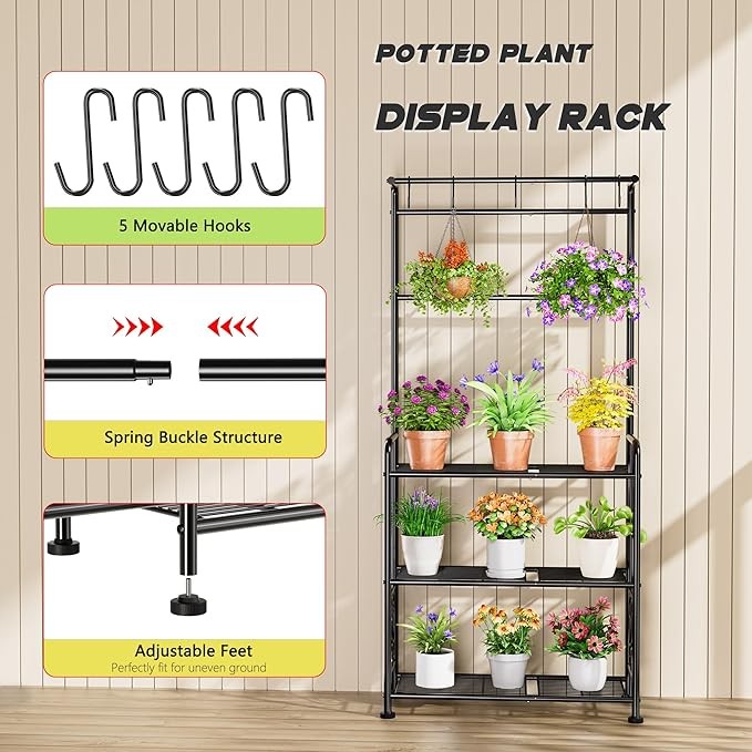 3 Tier Metal Plant Stand with Hanging Rod Indoor Outdoor Flower Shelf Black