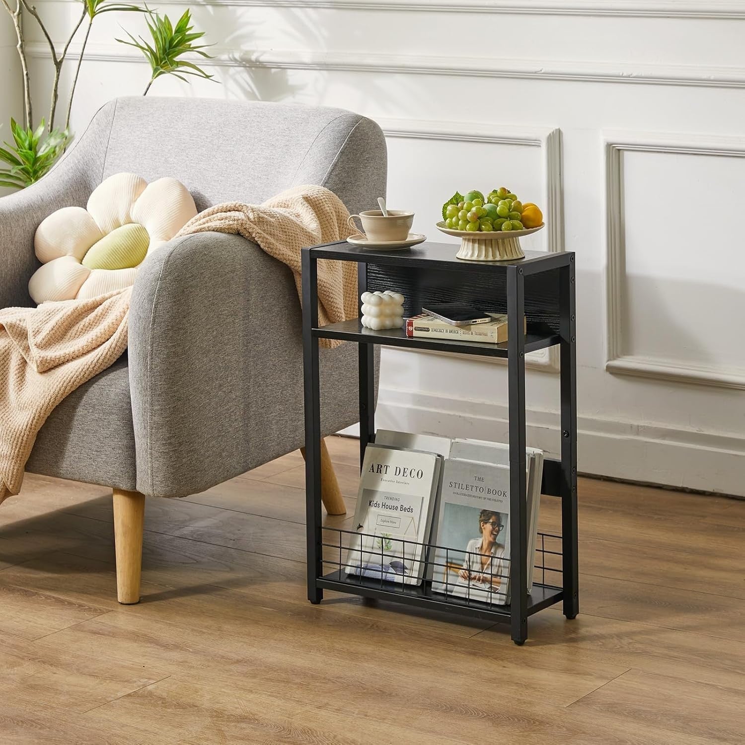 Narrow Black Side Table 3 Tier Slim End Table with Storage Shelf for Sofa Bed
