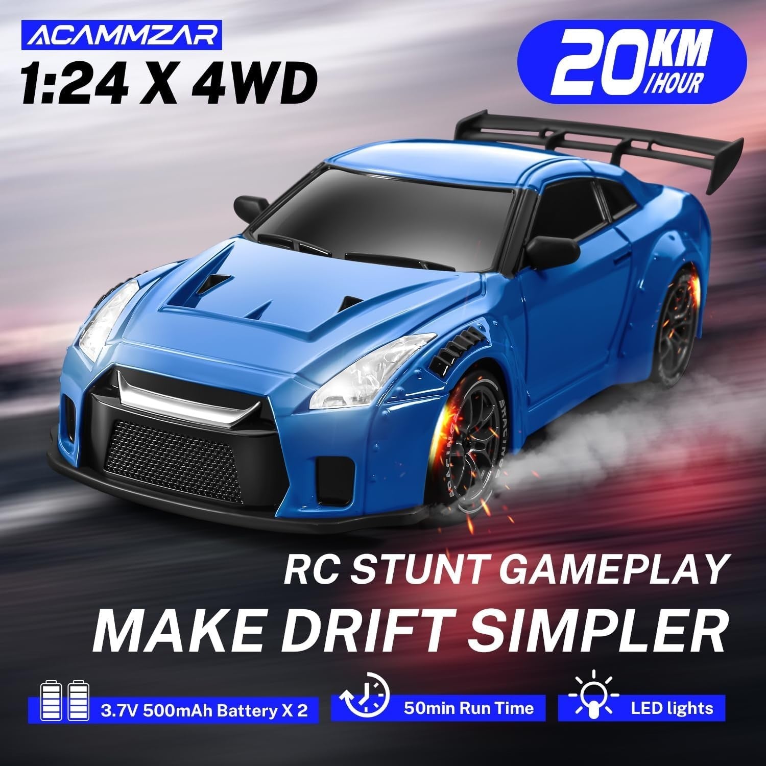 1:24 RC Drift Car 20KM/H – 4WD Remote Control Toy with Extra Tires, Dark Blue