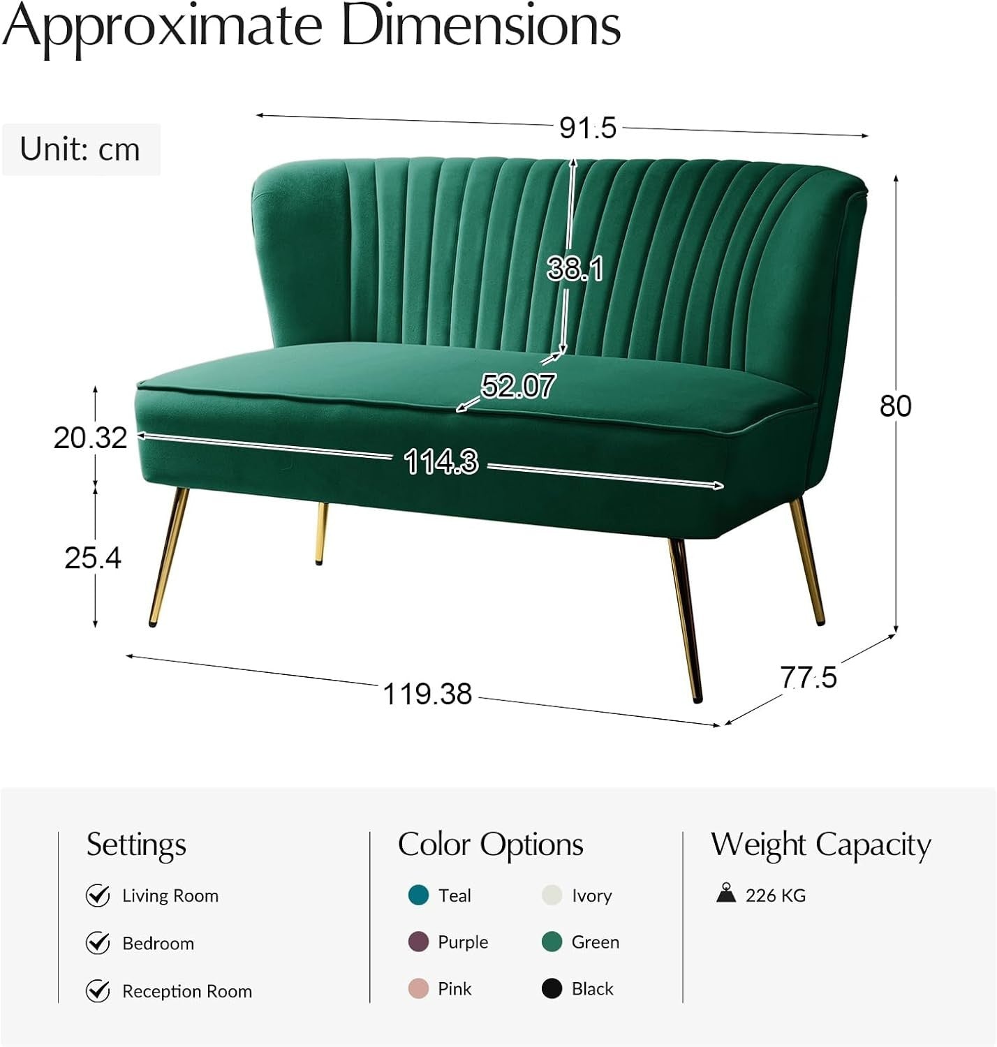 Green Velvet 2 Seater Sofa Armless Loveseat Gold Legs for Lounge or Flat