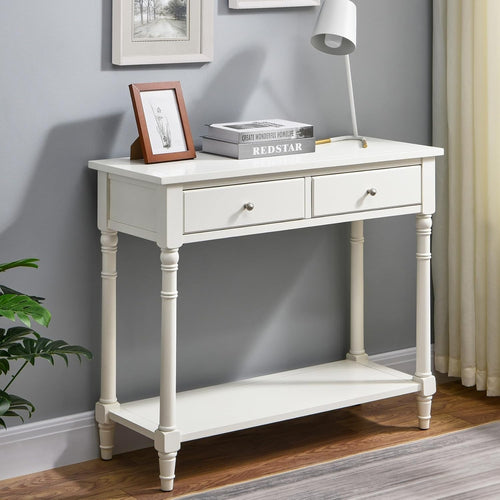 White Solid Wood Console Table 90x35x77cm with 2 Drawers & Shelf