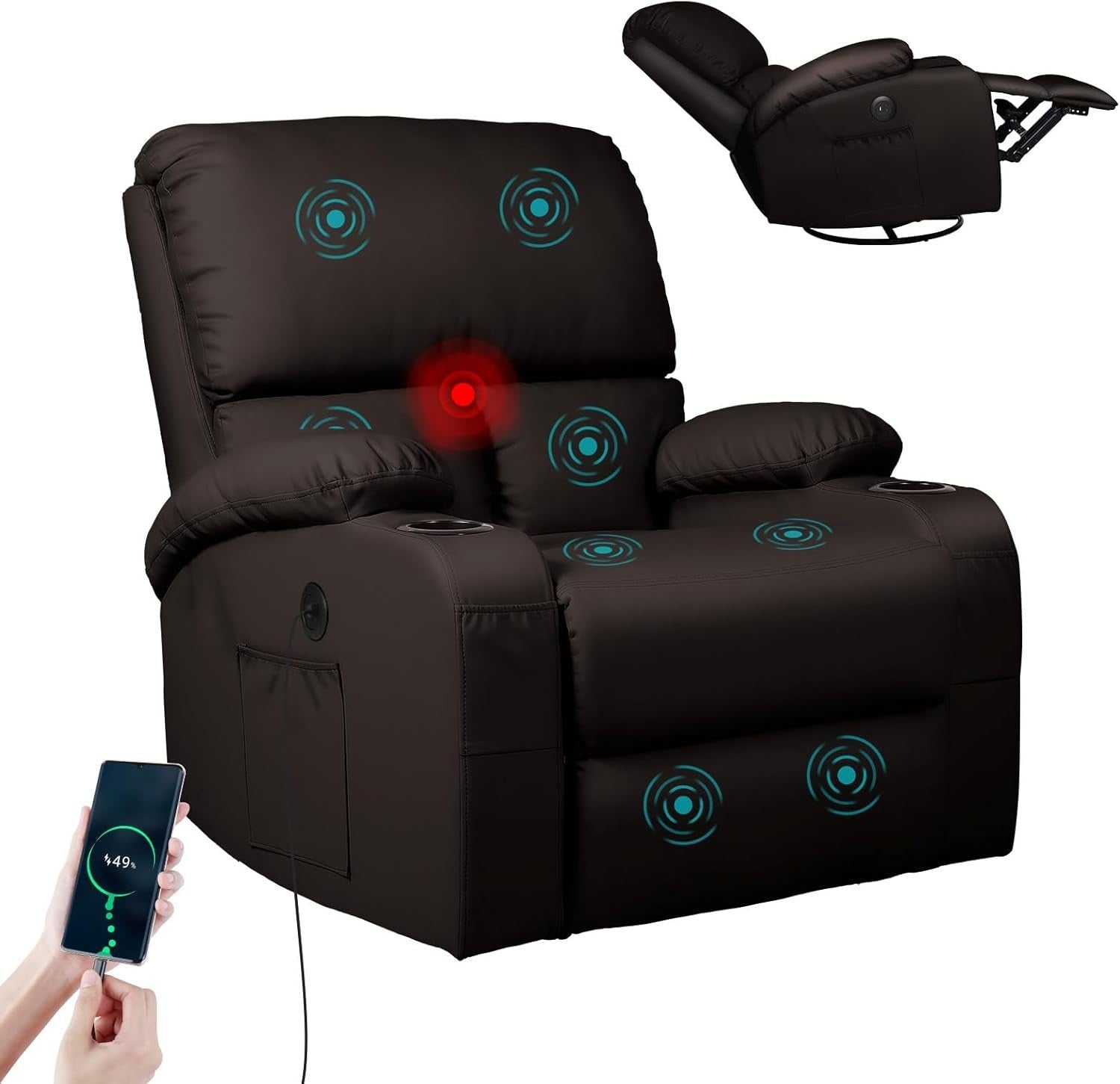 Rocking Recliner Chair Massage Heat 360° Swivel USB Type-C Faux Leather Brown