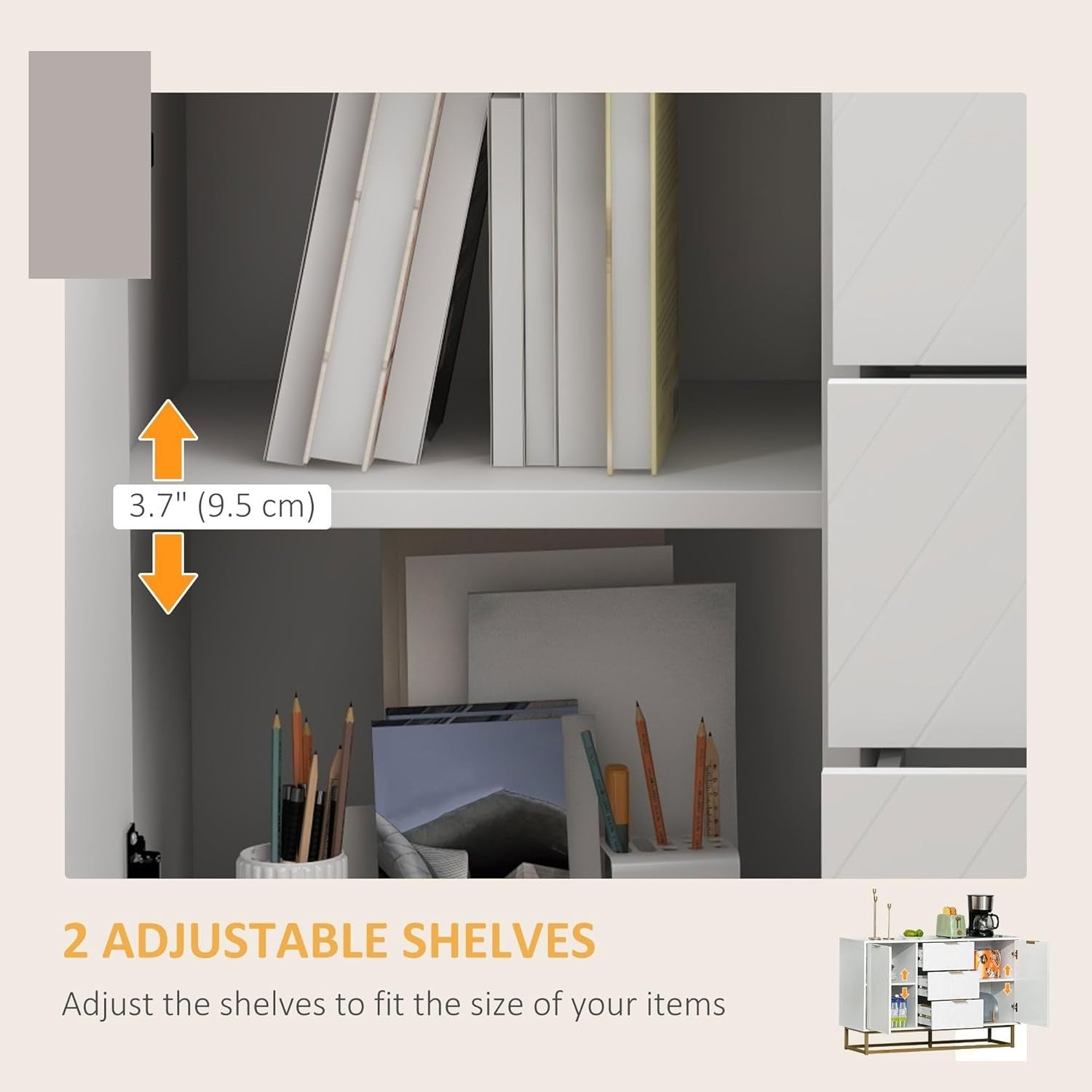Modern White Sideboard Cabinet 3 Drawers Storage Gold Legs Adjustable