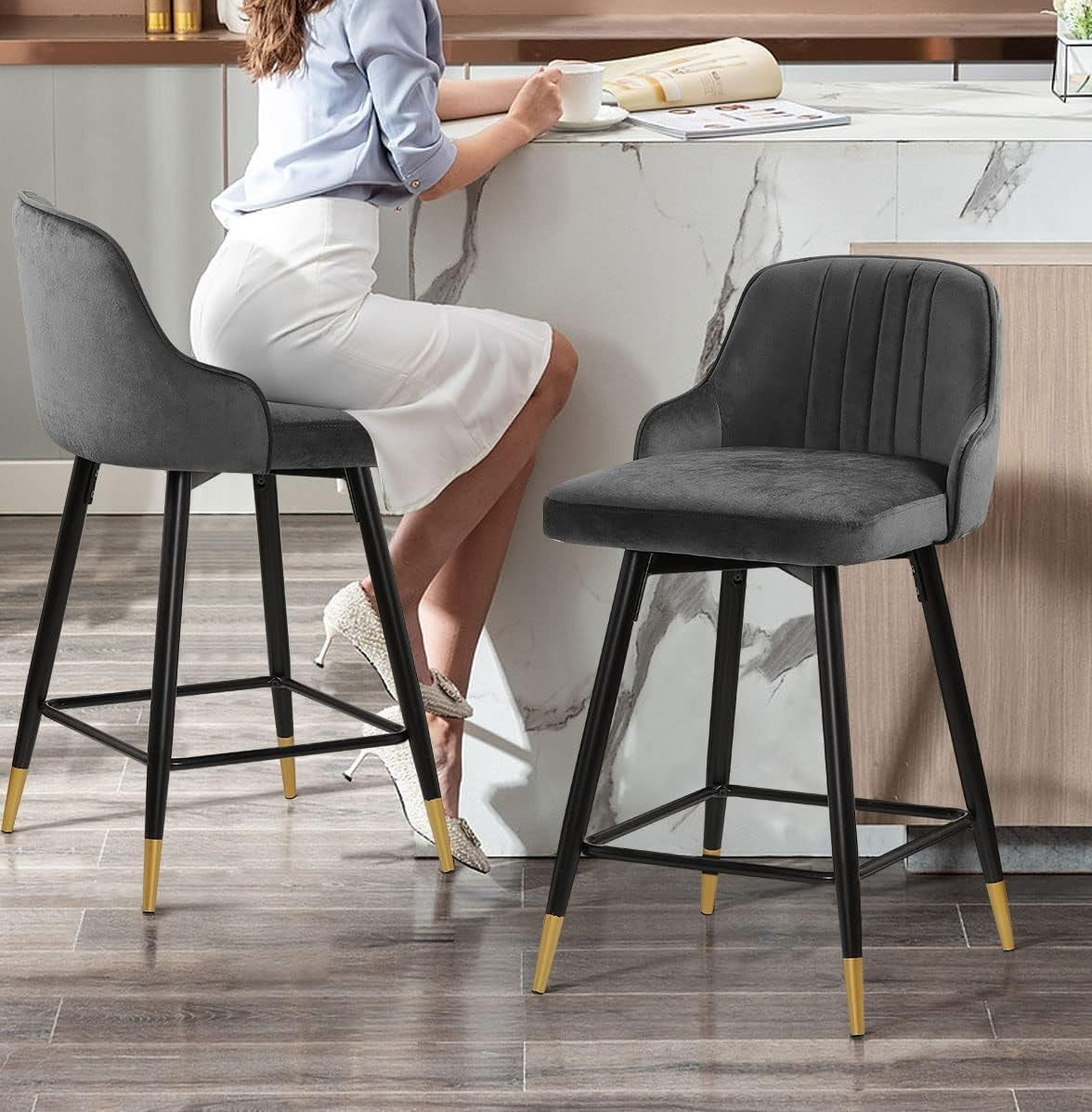 Grey Velvet Swivel Bar Stools Set of 4 – Kitchen Counter Chairs