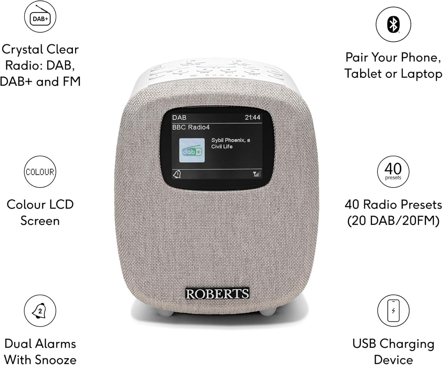 Digital FM/DAB/DAB+ Clock Radio with Bluetooth & Dual Alarms, White