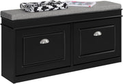 Black Shoe Storage Bench with Cushion Seat & Flip-Drawers – Slim Hallway Cabinet