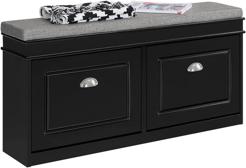 Black Shoe Storage Bench with Cushion Seat & Flip-Drawers – Slim Hallway Cabinet