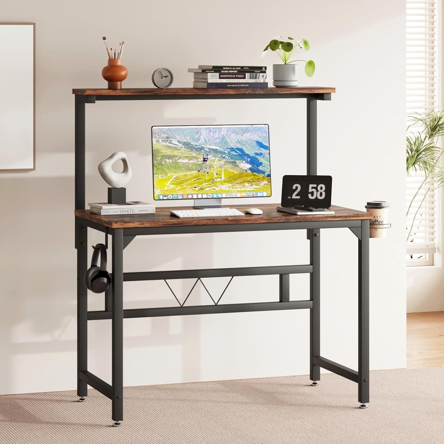 Rustic Brown Gaming Desk 100cm w/Adjustable Monitor Stand & Cup Holder