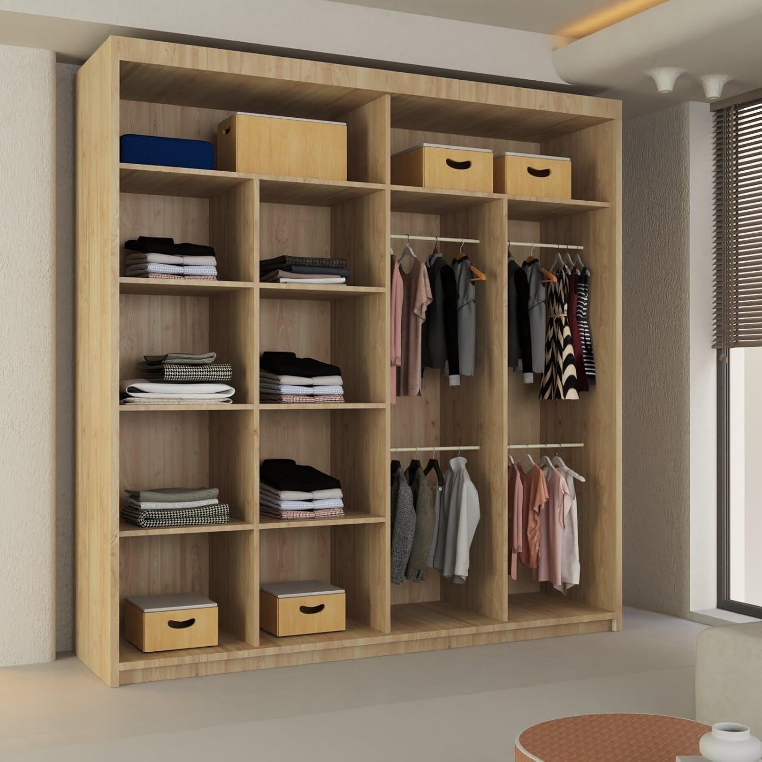 Oak Sliding Wardrobe Mirror Doors 203cm Hanging Rails Storage Modern