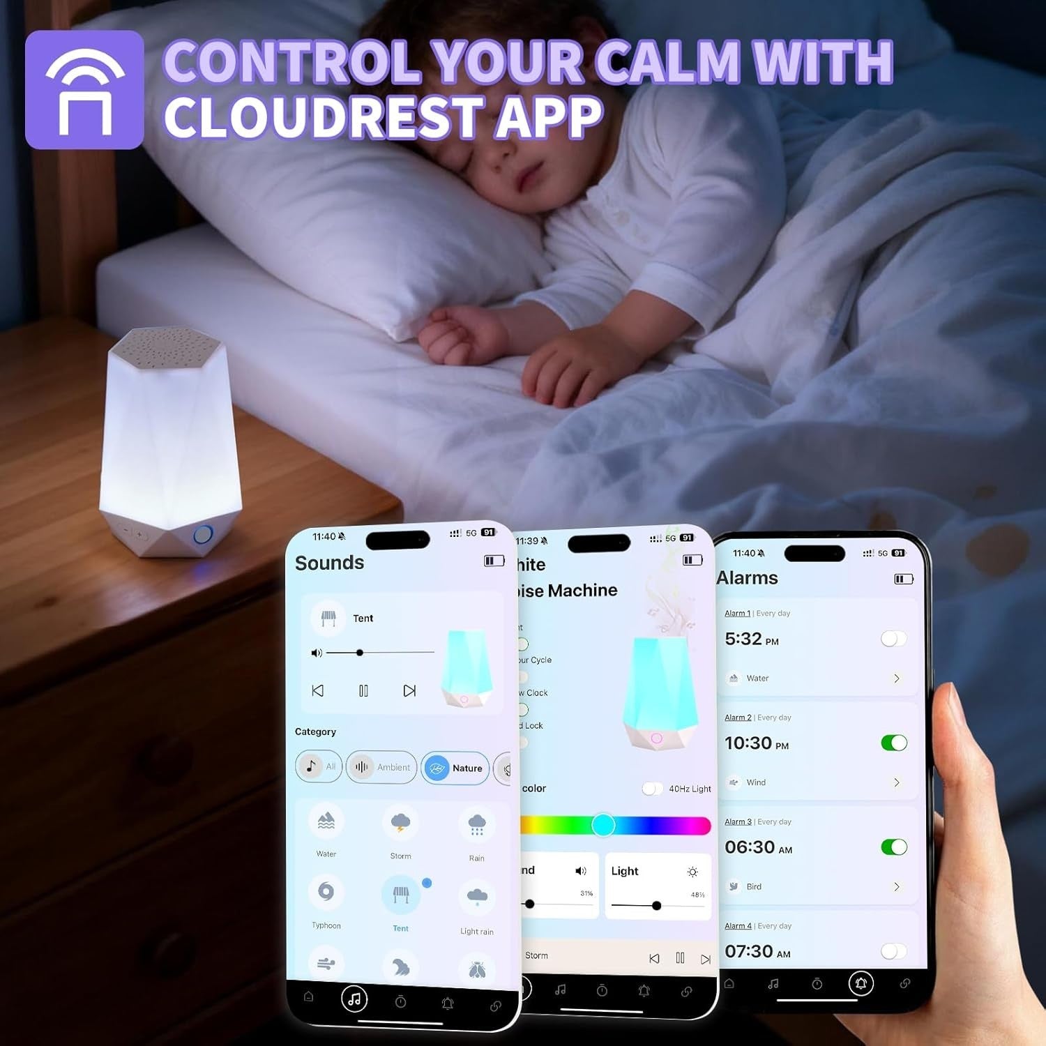 Smart White Noise Machine for Baby & Adults, 32 Sounds, Night Light & App