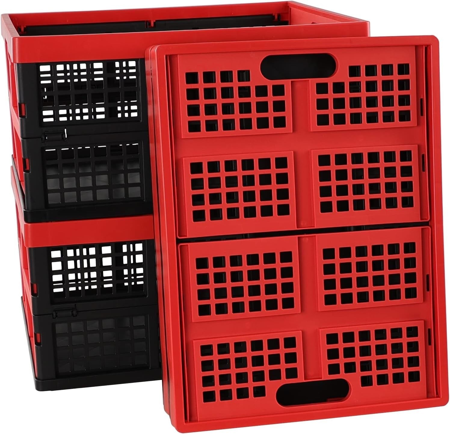 4 Pack 32L Folding Plastic Storage Crates Stackable 44.5x33.6x23cm Red