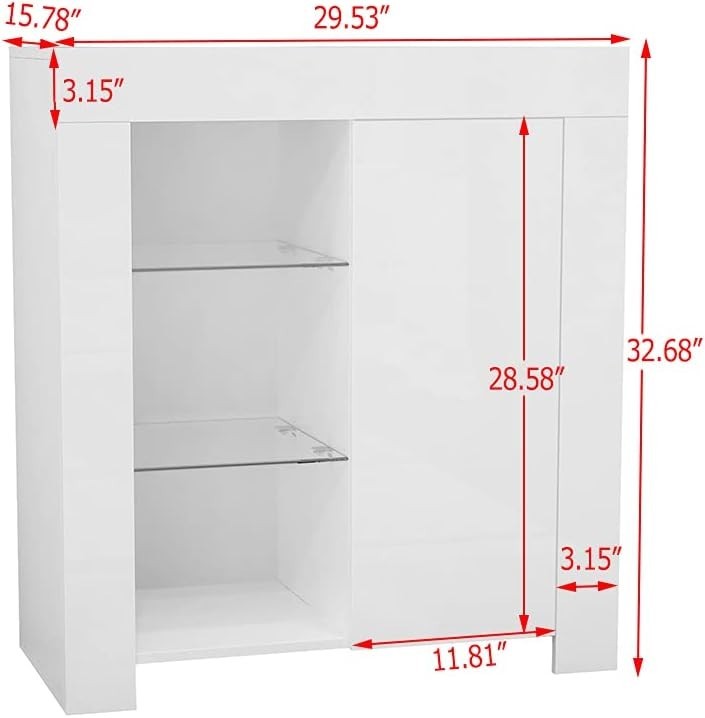 White LED Sideboard Cabinet with Glass Shelf & Storage 75x35x83cm Modern